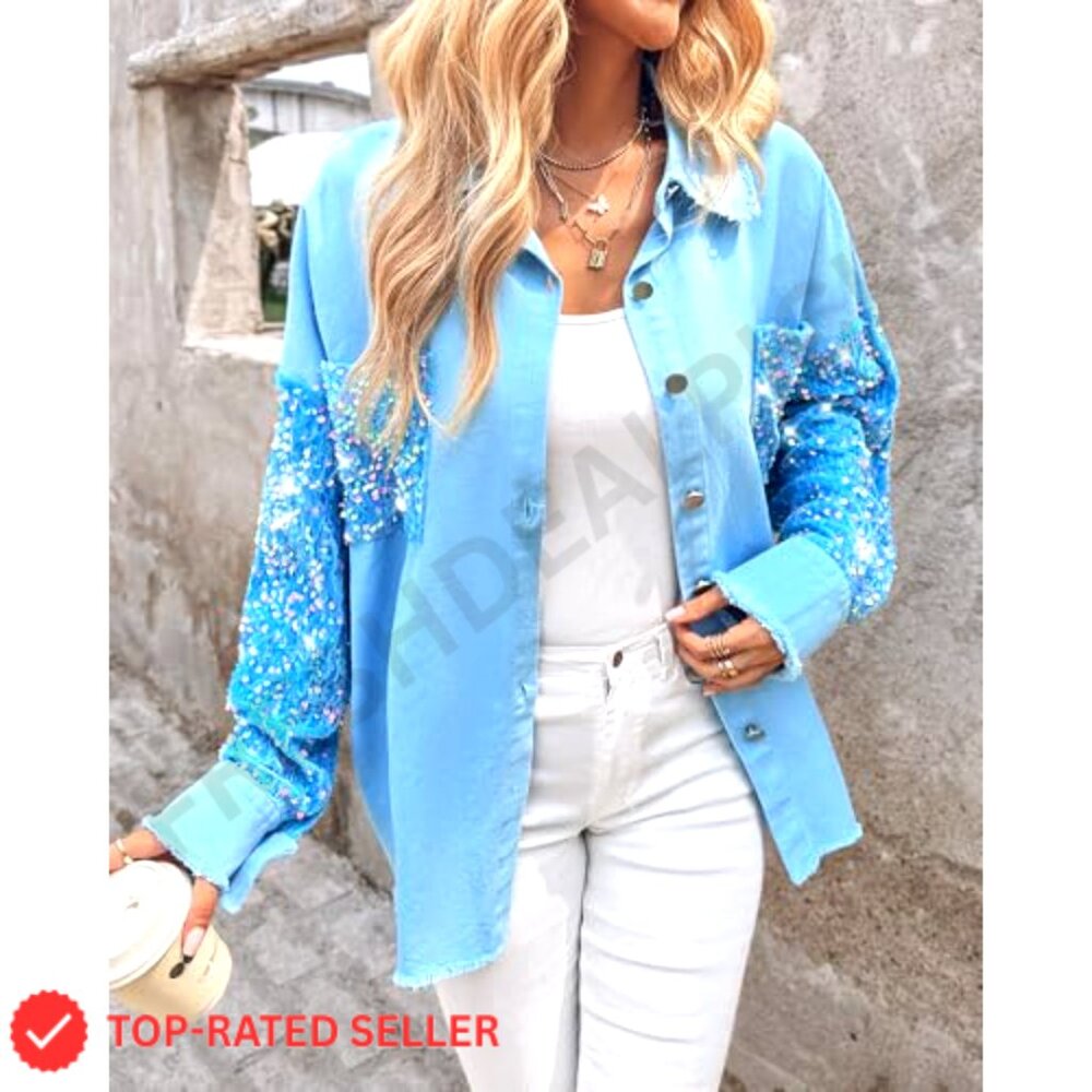 Oversized Denim Shacket Sequin Patchwork Long Sle… - image 4